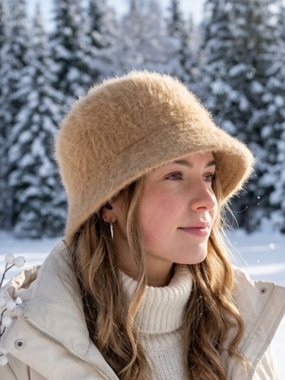 Angora/Nylon Bucket Fuzzy Cozy Hat Cozy Tan Fuzzy Angora Blend Wide Rim Hat